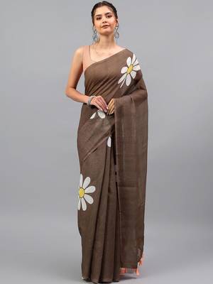 Brown linen printed saree with blouse 1