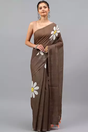 Brown linen printed saree with blouse
