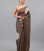 Brown linen printed saree with blouse