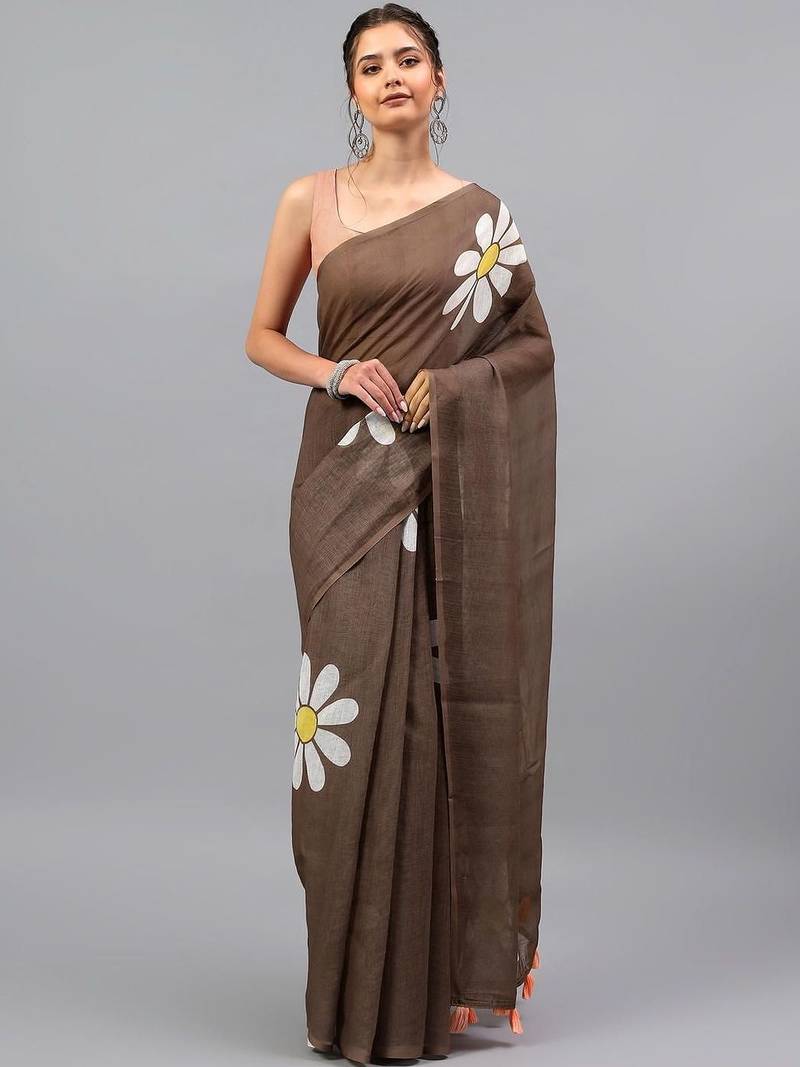 Brown linen printed saree with blouse