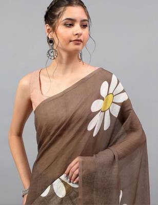 Brown linen printed saree with blouse 2