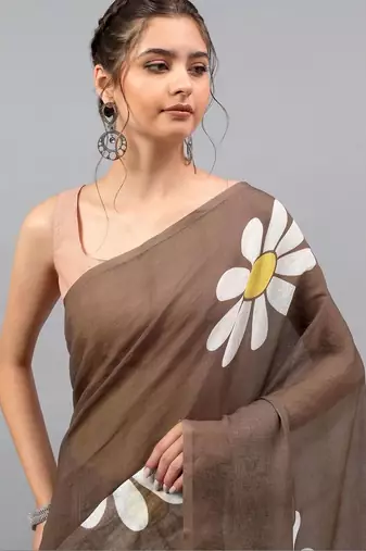 Brown linen printed saree with blouse