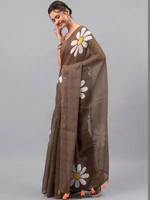Brown linen printed saree with blouse 3