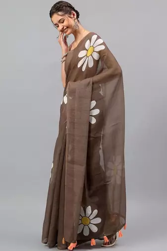 Brown linen printed saree with blouse