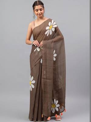 Brown linen printed saree with blouse 4