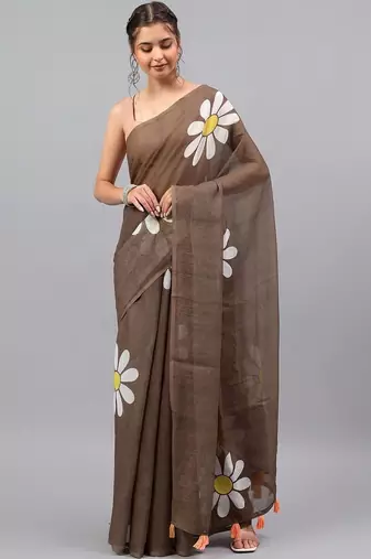 Brown linen printed saree with blouse