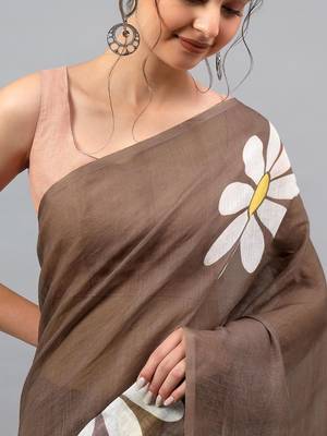 Brown linen printed saree with blouse 5