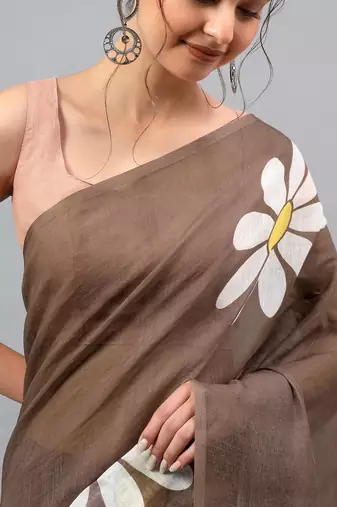 Brown linen printed saree with blouse