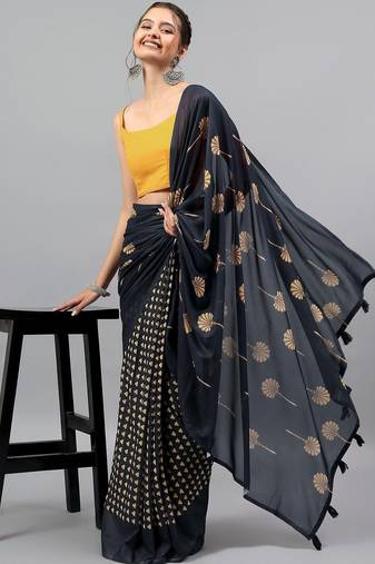 Navy blue georgette printed saree with blouse