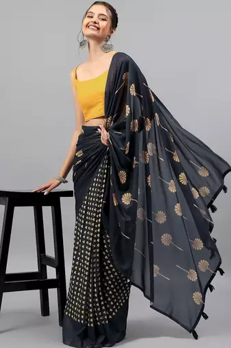 Navy blue georgette printed saree with blouse