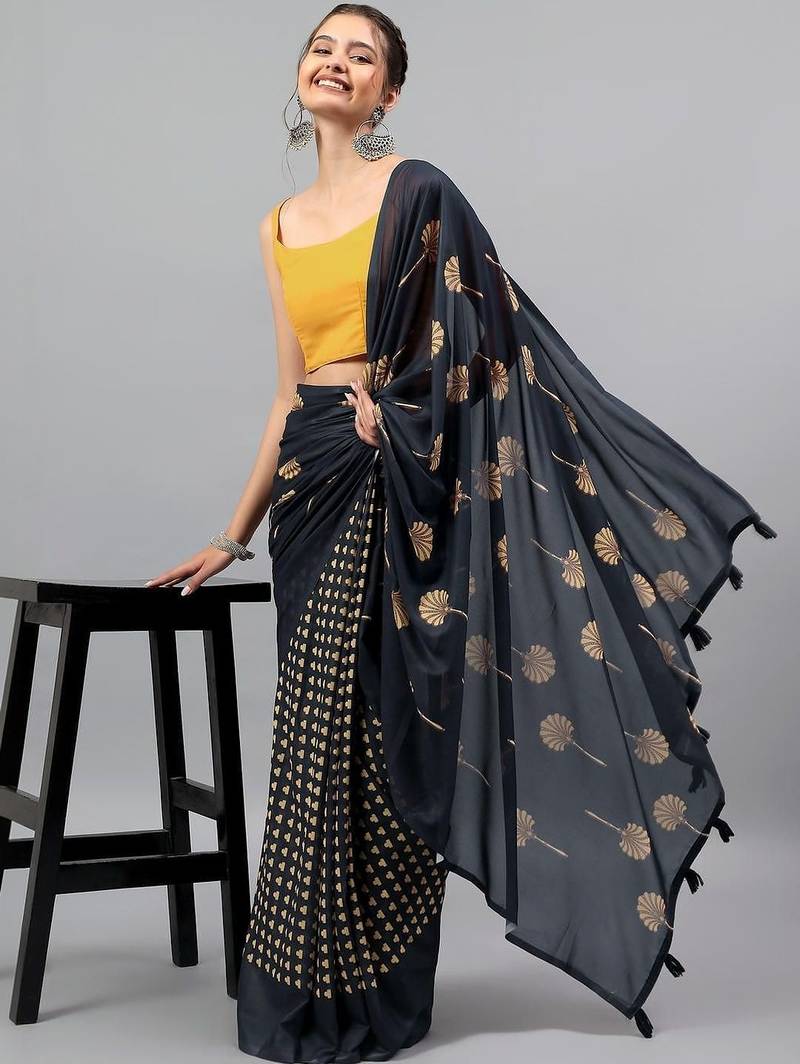 Navy blue georgette printed saree with blouse
