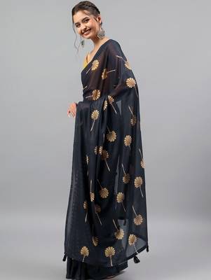 Navy blue georgette printed saree with blouse 2
