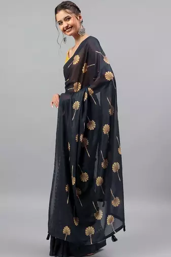 Navy blue georgette printed saree with blouse