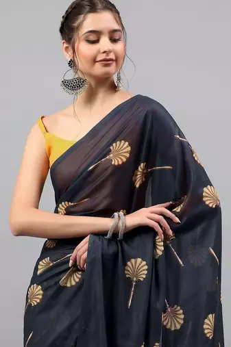 Navy blue georgette printed saree with blouse
