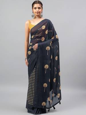 Navy blue georgette printed saree with blouse 5