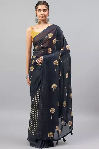 Navy blue georgette printed saree with blouse