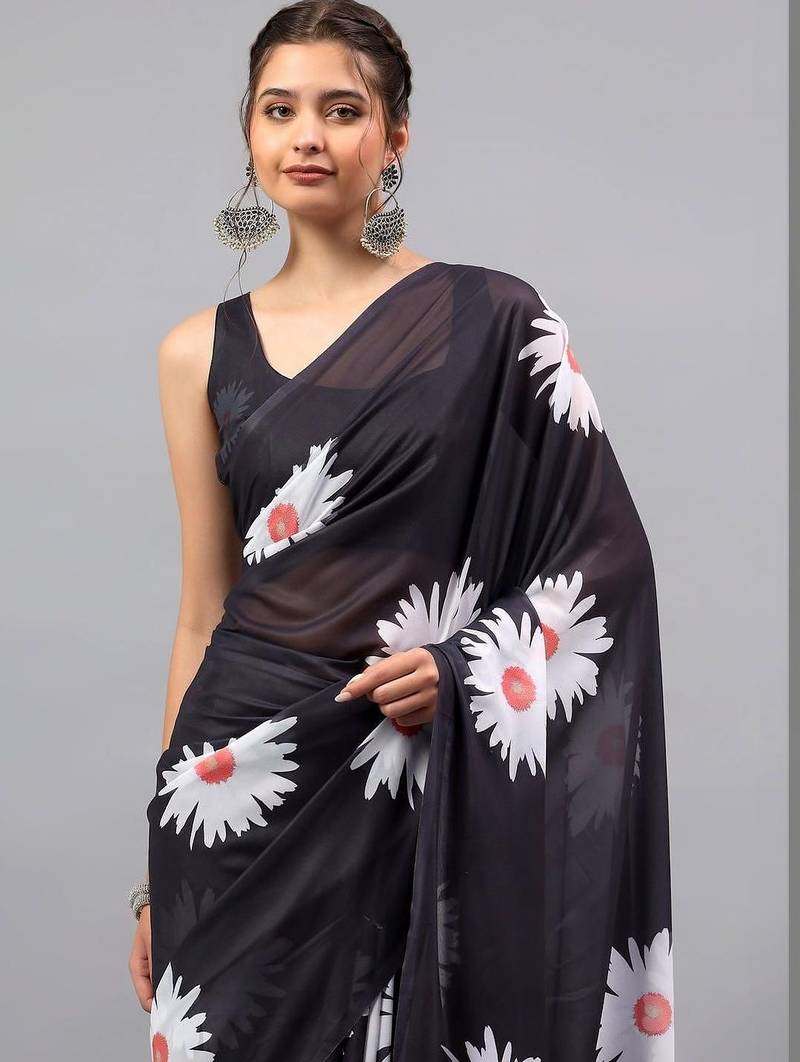 Black georgette printed saree with blouse