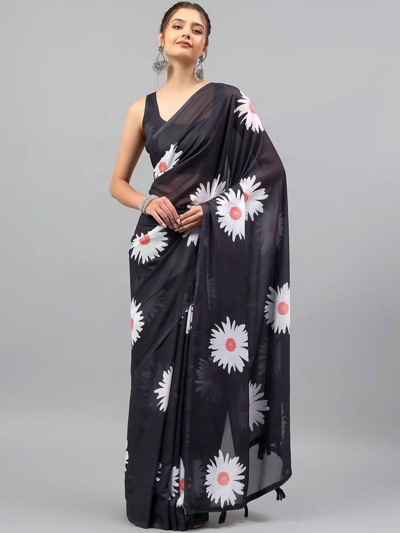 Black georgette printed saree with blouse