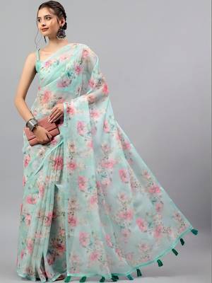 Sea green chiffon printed saree with blouse 1
