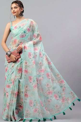 Sea green chiffon printed saree with blouse