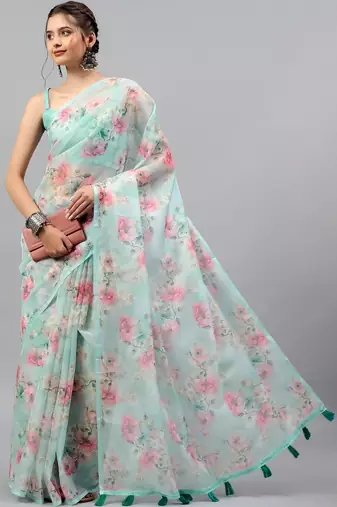 Sea green chiffon printed saree with blouse