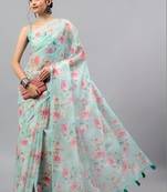 Sea green chiffon printed saree with blouse