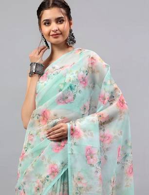 Sea green chiffon printed saree with blouse 2