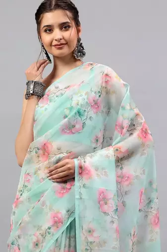 Sea green chiffon printed saree with blouse