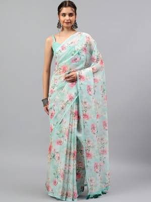 Sea green chiffon printed saree with blouse 3