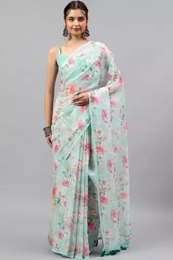 Sea green chiffon printed saree with blouse