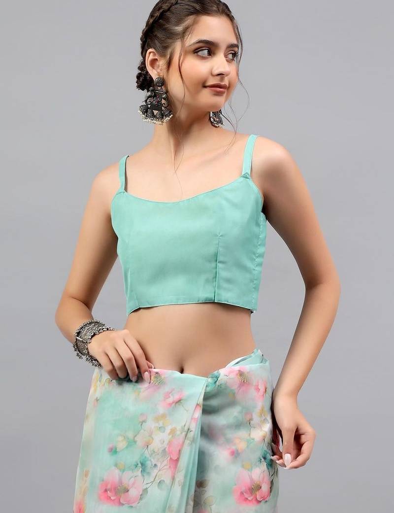 Sea green chiffon printed saree with blouse