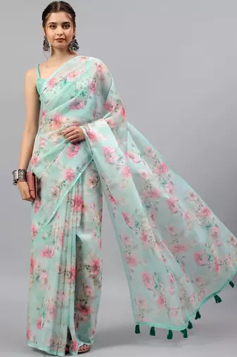 Sea green chiffon printed saree with blouse