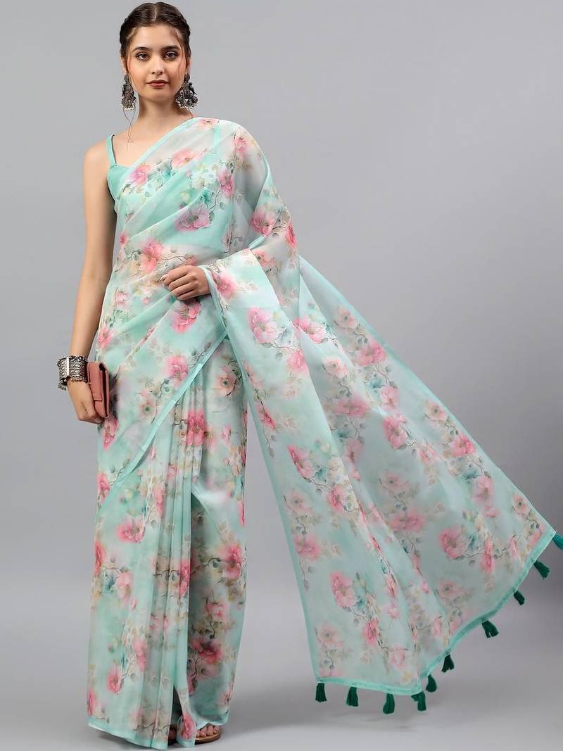 Sea green chiffon printed saree with blouse