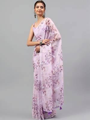 Lavender chiffon printed saree with blouse 1