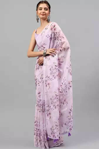 Lavender chiffon printed saree with blouse