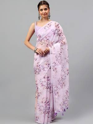 Lavender chiffon printed saree with blouse 2
