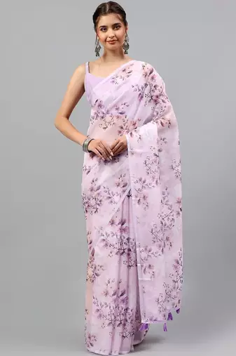 Lavender chiffon printed saree with blouse
