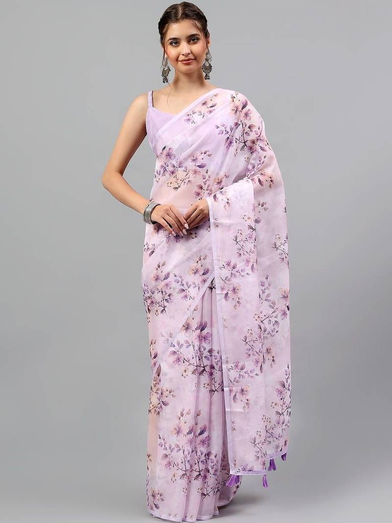 Lavender chiffon printed saree with blouse