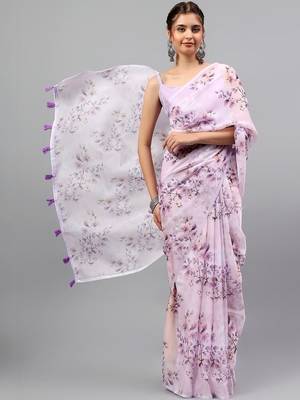 Lavender chiffon printed saree with blouse 3