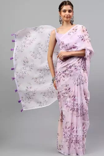 Lavender chiffon printed saree with blouse