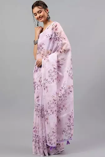 Lavender chiffon printed saree with blouse