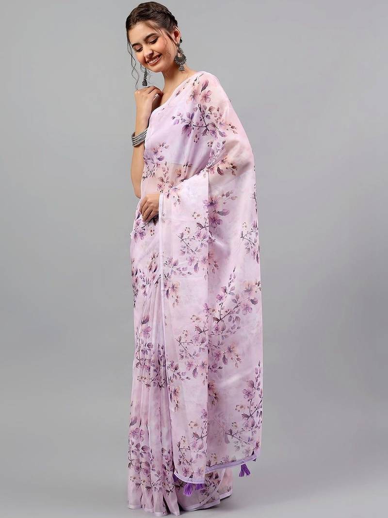 Lavender chiffon printed saree with blouse