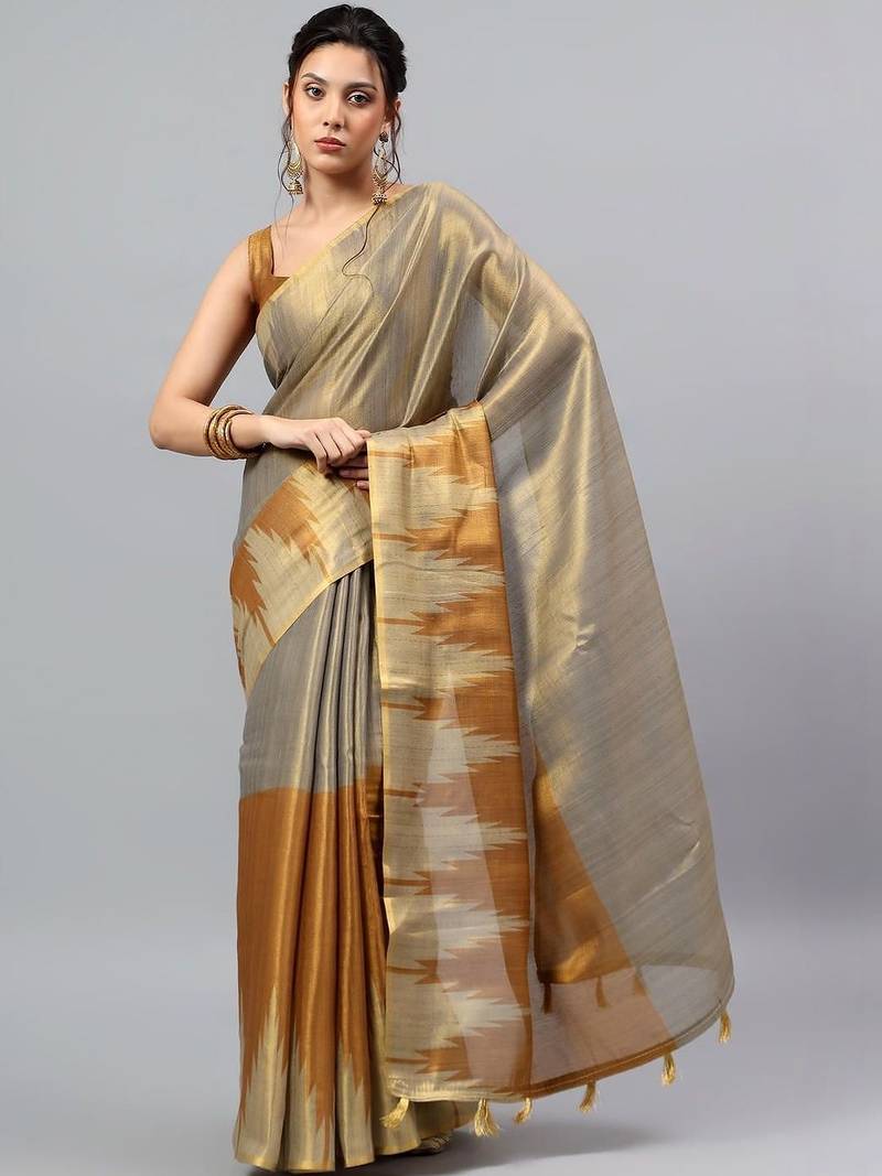 Grey tussar woven design saree with blouse