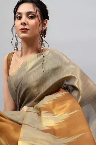 Grey tussar woven design saree with blouse