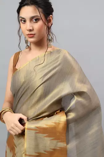 Grey tussar woven design saree with blouse