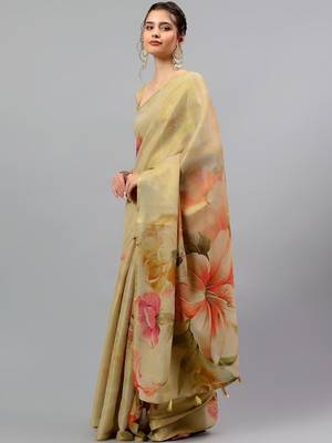 Gold tussar printed saree with blouse 1