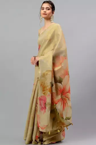 Gold tussar printed saree with blouse