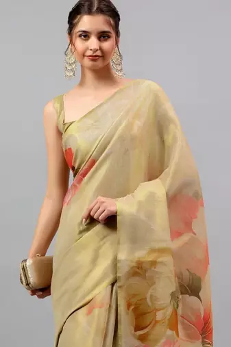 Gold tussar printed saree with blouse