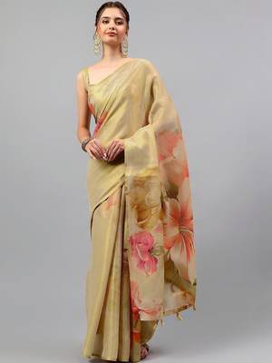 Gold tussar printed saree with blouse 3