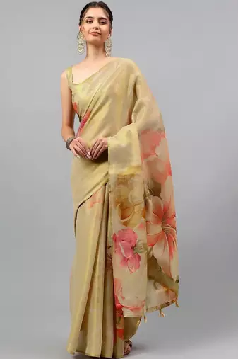Gold tussar printed saree with blouse